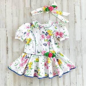 Vintage 90s Floral Party Dress Headband Puff Sleeve Easter Portrait Girls size 4
